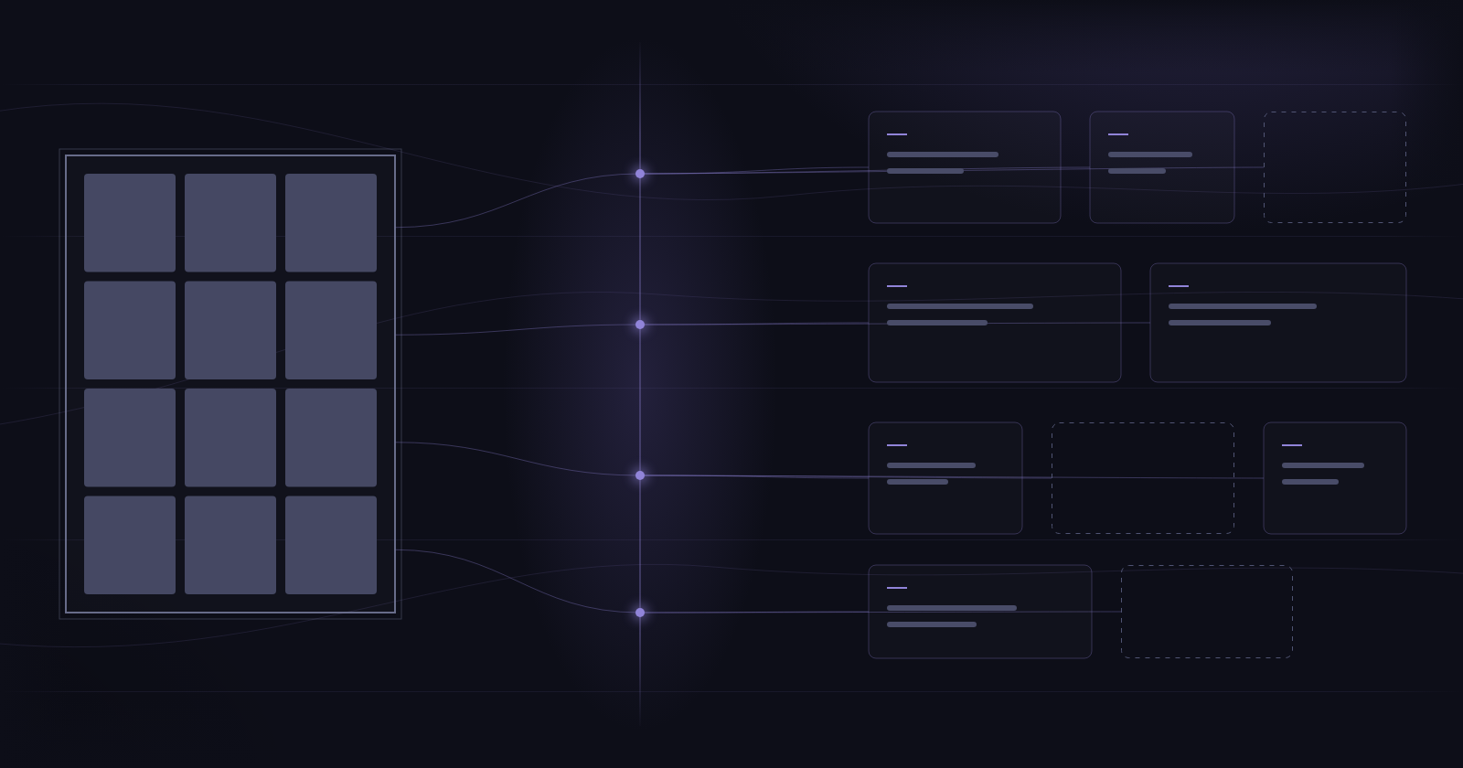 A rigid walled grid of fixed blocks on the left giving way, through a single platform band, to an open arrangement of connected modules with dashed slots left open for what comes next