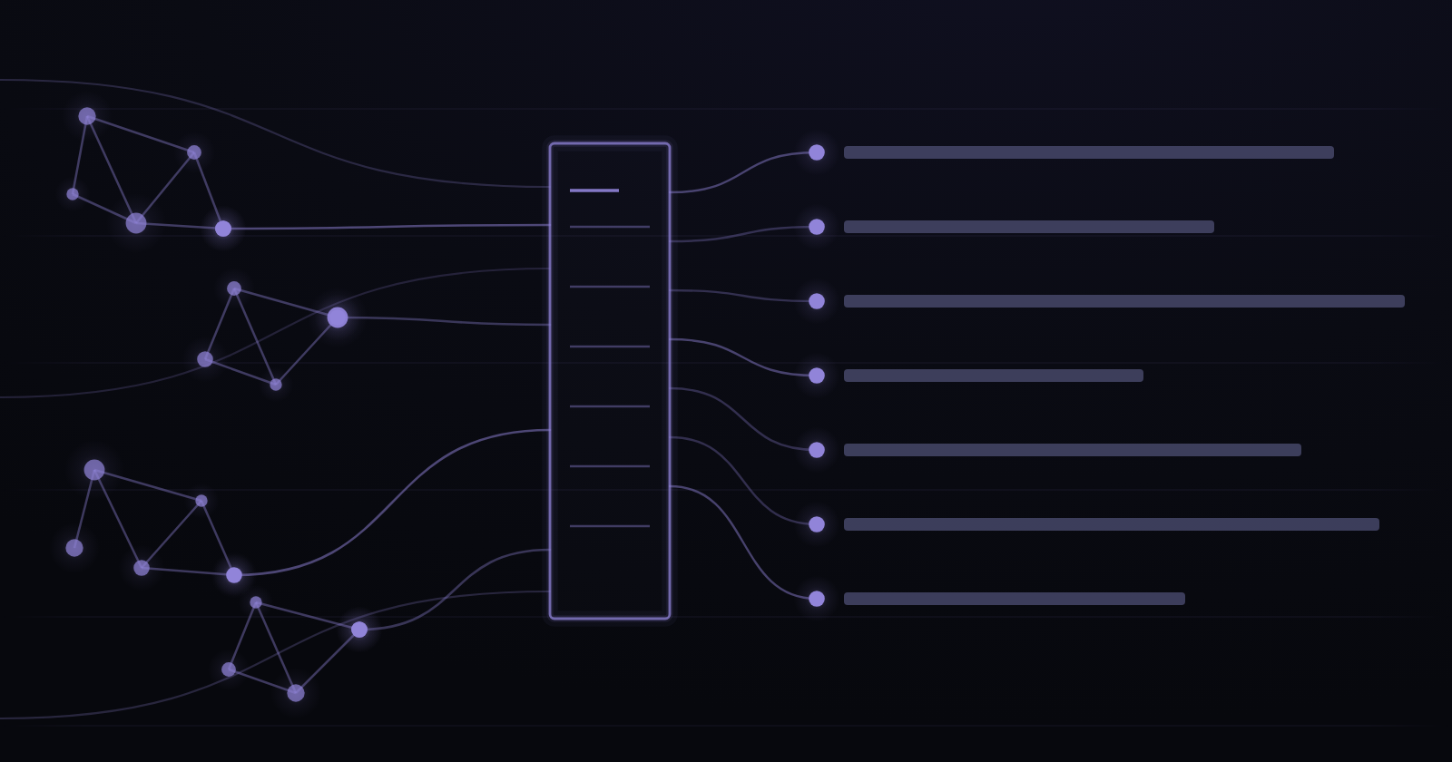 Scattered, unaligned system nodes converging through a single governed integration layer and emerging as evenly aligned rows of data